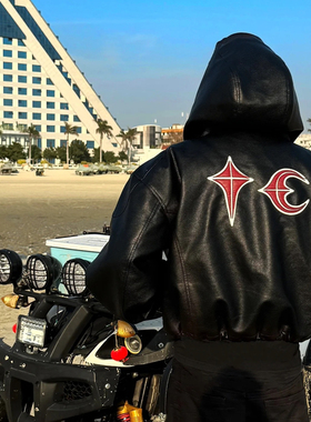 THUG CLUB高街朴宰范垫肩夹克外套男女宽松连帽夹棉短款机车皮衣