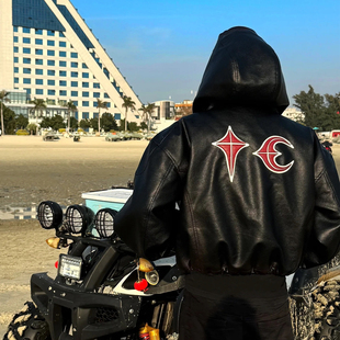 THUG 机车皮衣 CLUB高街朴宰范垫肩夹克外套男女宽松连帽夹棉短款