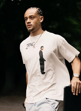 美式高街潮牌2PAC联名人物印花短袖做旧破坏嘻哈说唱男女宽松T恤