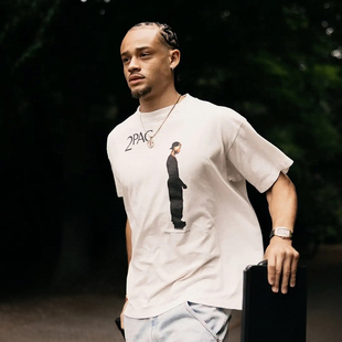 美式 做旧破坏嘻哈说唱男女宽松T恤 高街潮牌2PAC联名人物印花短袖