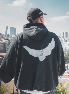 YEEZY高街侃爷Kanye三方联名和平鸽印花双层夹棉廓形宽松连帽卫衣