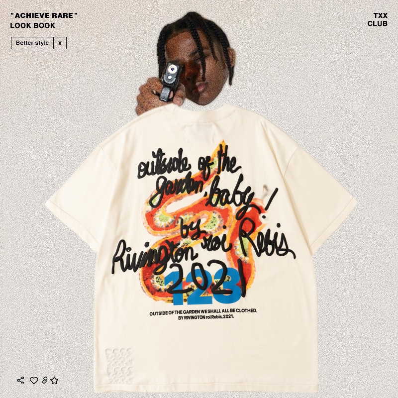 RRR123彩虹贪吃蛇发泡字母印花Vintage高街FOG宽松男女短袖T恤潮