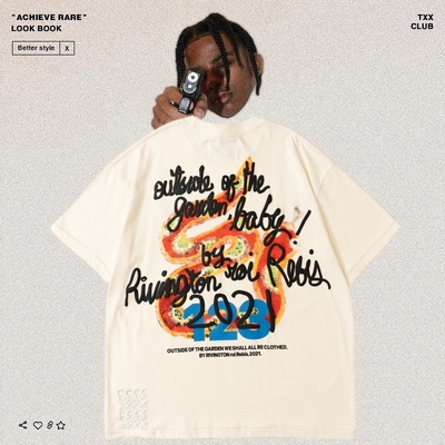 RRR123彩虹贪吃蛇发泡字母印花Vintage高街FOG宽松男女短袖T恤潮