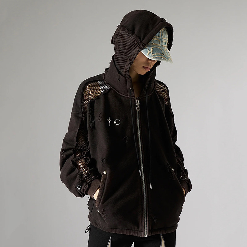 ThugClub镂空拼接高街开衫卫衣