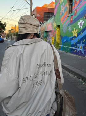 AC风格小众高街字母刺绣风衣外套男女同款宽松休闲冲锋衣立领夹克