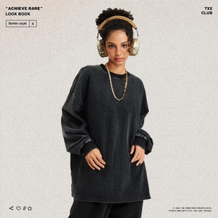 T恤 vintage高街男女宽松重磅纯色长袖 美式 休闲复古水洗做旧打底衫