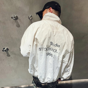 AC风格做旧字母印花风衣外套高街潮牌男女宽松休闲冲锋衣立领夹克