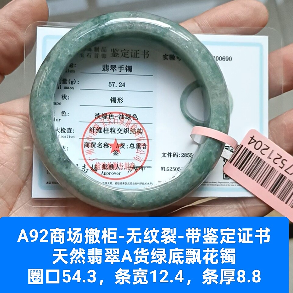 天然翡翠A货镇煞平安镯手镯玉镯 无纹裂 带证书保真品母亲礼物a92