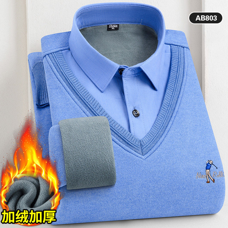 保罗秋冬季假两件保暖衬衫中年针织套头加绒加厚衬衣弹力爸爸男装,男装,衬衫,淘宝优惠券,粉丝福利购,淘宝优惠卷