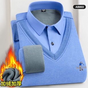 中年针织套头加绒加厚衬衣弹力爸爸男装 保罗秋冬季 假两件保暖衬衫