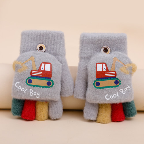 男童宝宝五指套半指套写字毛绒秋冬季可爱加厚保暖儿童翻盖手套女