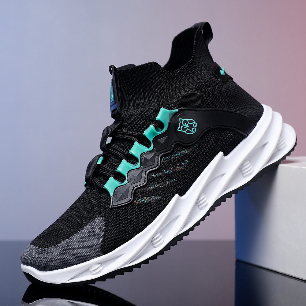 大码刀锋男鞋2023新款中帮袜口运动鞋飞织透气男士跑步鞋