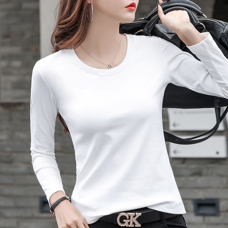 紧身白色长袖t恤女春秋内搭圆领大码打底衫潮流韩系内衬上衣