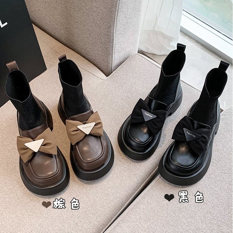 厚底马丁靴女英伦风连袜靴小皮鞋2024年春秋新款瘦瘦短靴子乐福