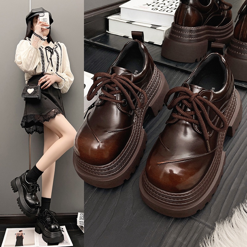 松糕底个性大头低帮鞋2025春季新款厚底粗跟系带休闲小皮鞋乐福鞋