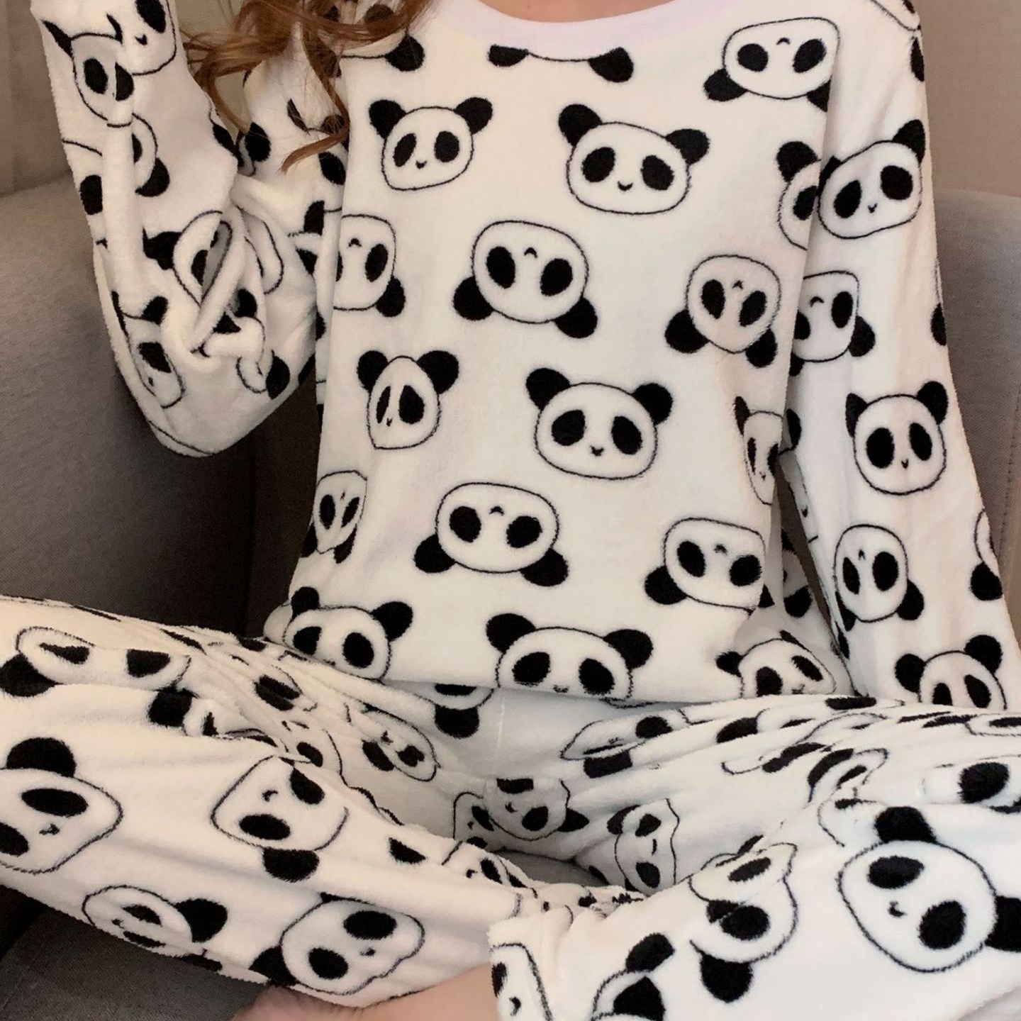 睡衣女秋冬珊瑚绒熊猫长袖加绒加厚法兰绒卡通家居服套装