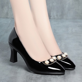 单鞋女士皮鞋浅口优雅秀气高跟鞋女软皮珍珠中跟水钻工作鞋婚庆鞋