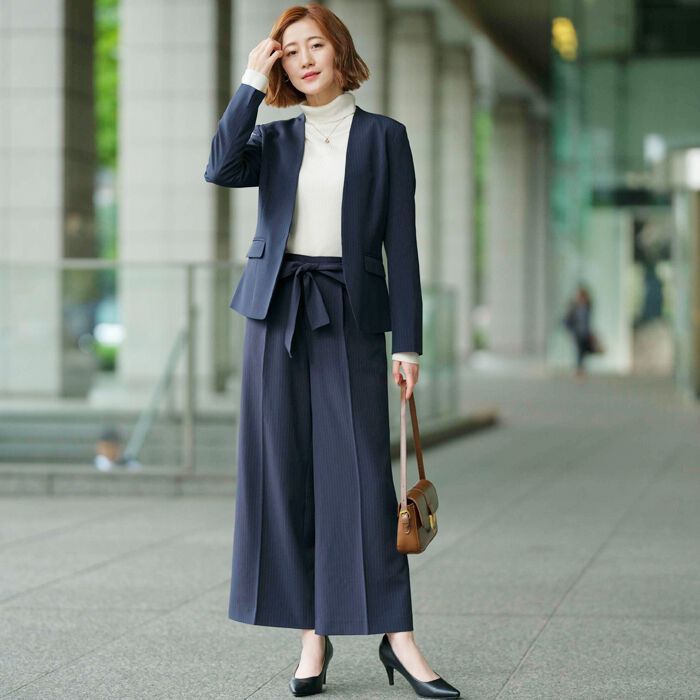 日本代购24春夏女正式套装西服短外套+宽腿长裤2件套4色有大码
