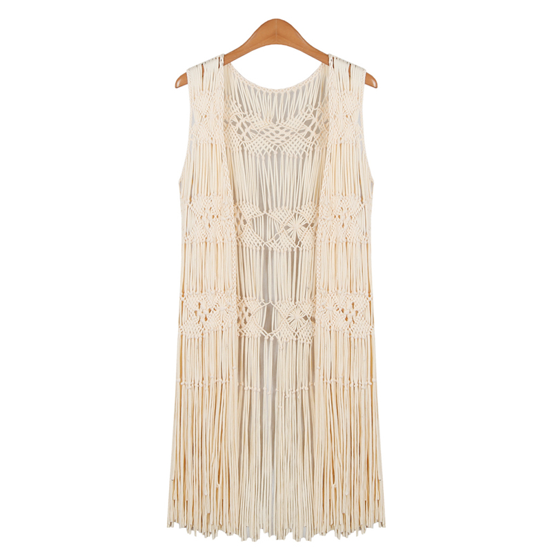 欧美纯手工镂空编织花型流苏针织开衫背心披肩