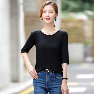 薄款 五分袖 打底衫 T恤女宽松大码 遮肚显瘦黑色 圆领中袖 莫代尔夏季