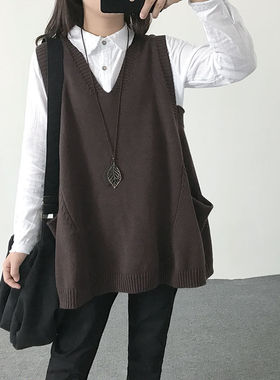 秋冬季新款背心V领200斤宽松无袖针织毛衣马甲女坎肩百搭显瘦潮