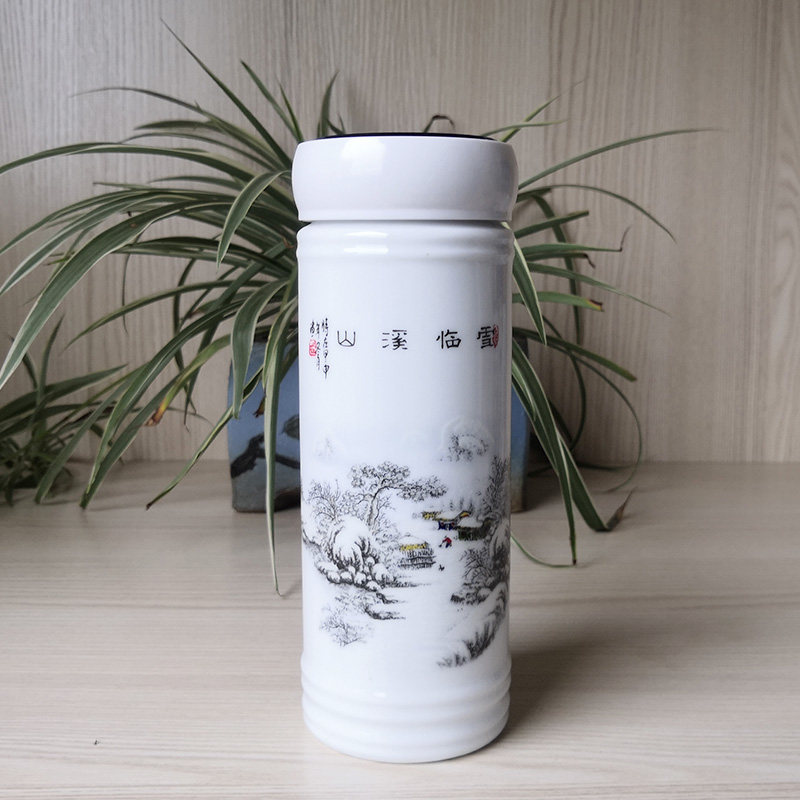 景德镇陶瓷水杯陶瓷内胆保温杯带盖青花瓷骨瓷双层茶杯防漏养生杯