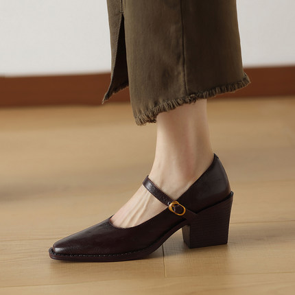 复古风真皮浅口粗跟单鞋7cm一字扣带玛丽珍女鞋气质职业工作女鞋