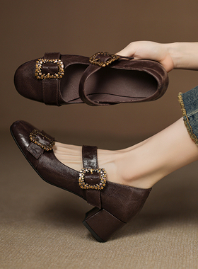 真皮红色法式单鞋女绝美不累脚高跟鞋子粗跟复古一字带扣玛丽珍鞋