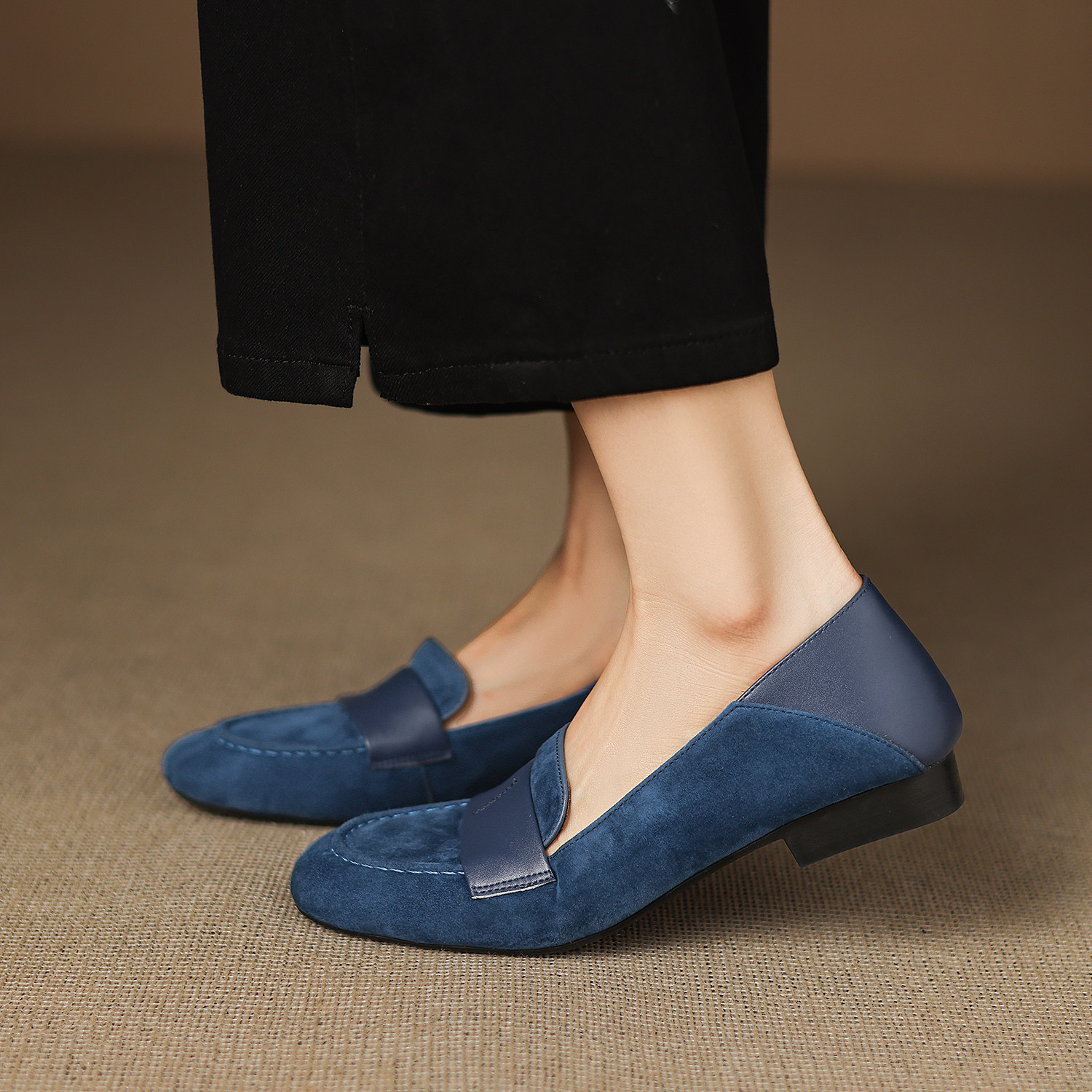 复古真皮羊皮深口单鞋低跟平底鞋柔软蓝色两穿乐福鞋一脚蹬豆豆鞋,女鞋,乐福鞋（豆豆鞋）,淘宝优惠券,粉丝福利购,淘宝优惠卷