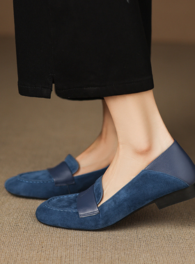 复古真皮羊皮深口单鞋低跟平底鞋柔软蓝色两穿乐福鞋一脚蹬豆豆鞋