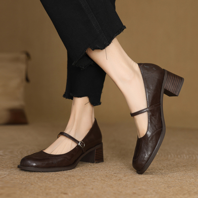 白玛桑姆复古真皮粗跟高跟鞋