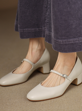 复古真皮牛皮一字带玛丽珍女鞋配旗袍白色单鞋粗跟4cm高跟鞋浅口