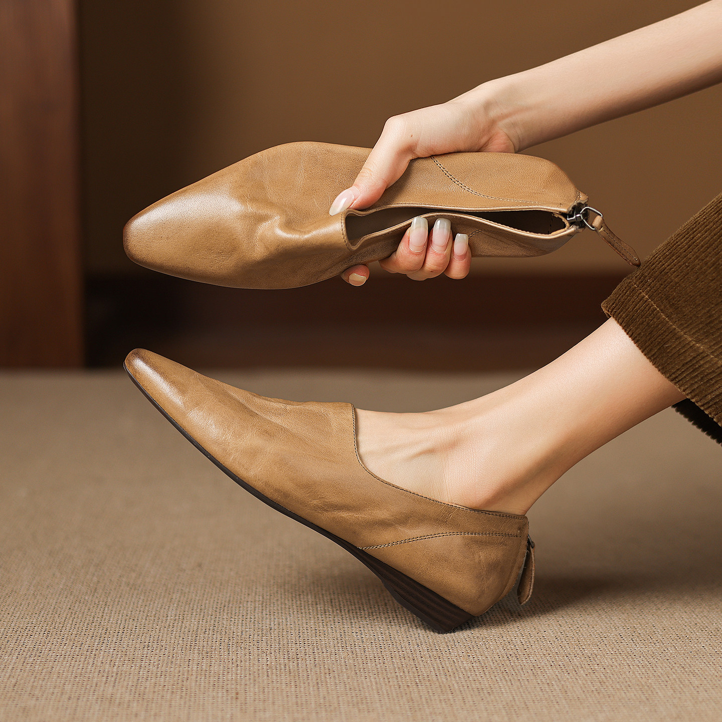 复古风真皮头层牛皮单鞋女一脚蹬懒人豆豆鞋深口尖头平底女鞋四季,女鞋,深口单鞋,淘宝优惠券,粉丝福利购,淘宝优惠卷