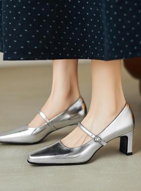 复古粗跟一字扣带高跟鞋女5cm银色方头浅口单鞋豹纹玛丽珍女鞋春
