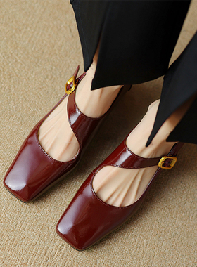 法式复古浅口方头单鞋真皮羊皮粗跟红色高跟鞋一字扣带玛丽珍女鞋