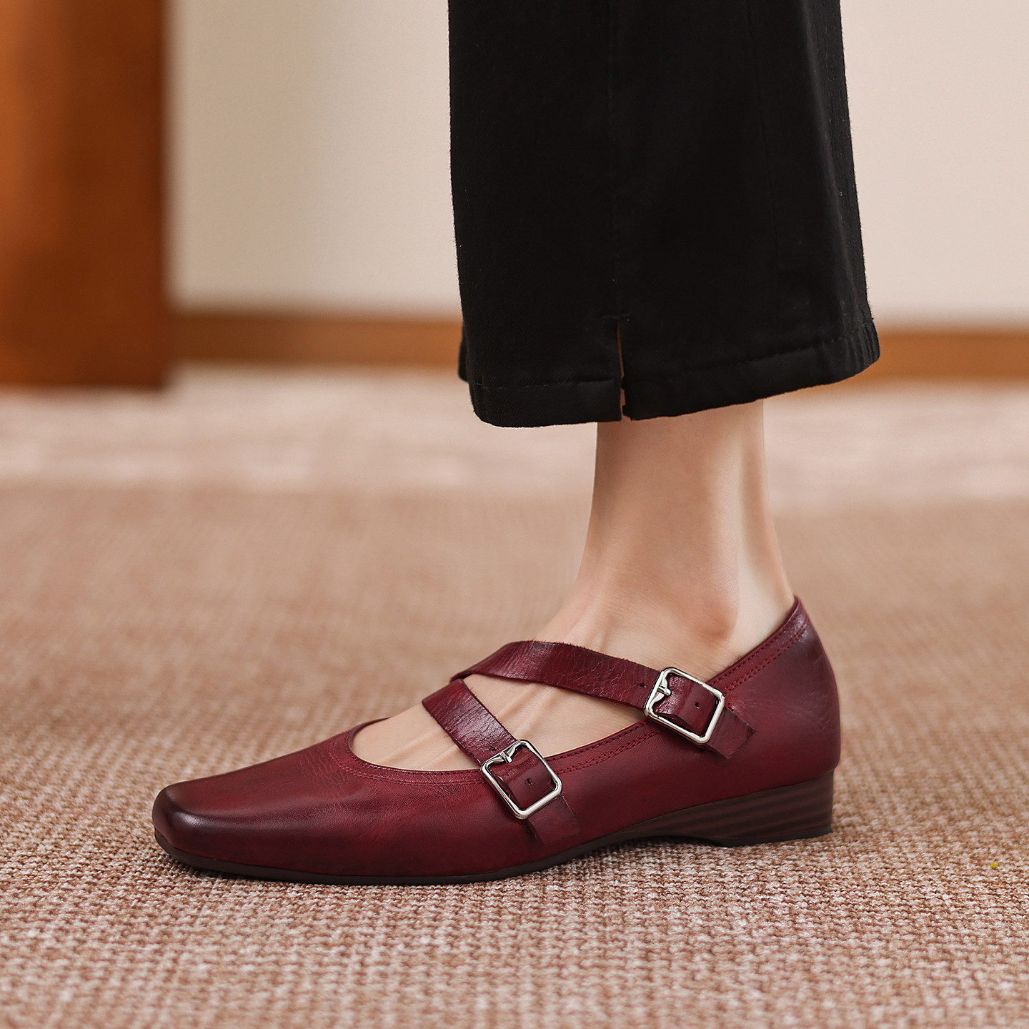 复古风真皮方头浅口单鞋女一字扣带玛丽珍女鞋头层牛皮低跟平底鞋,女鞋,玛丽珍鞋,淘宝优惠券,粉丝福利购,淘宝优惠卷