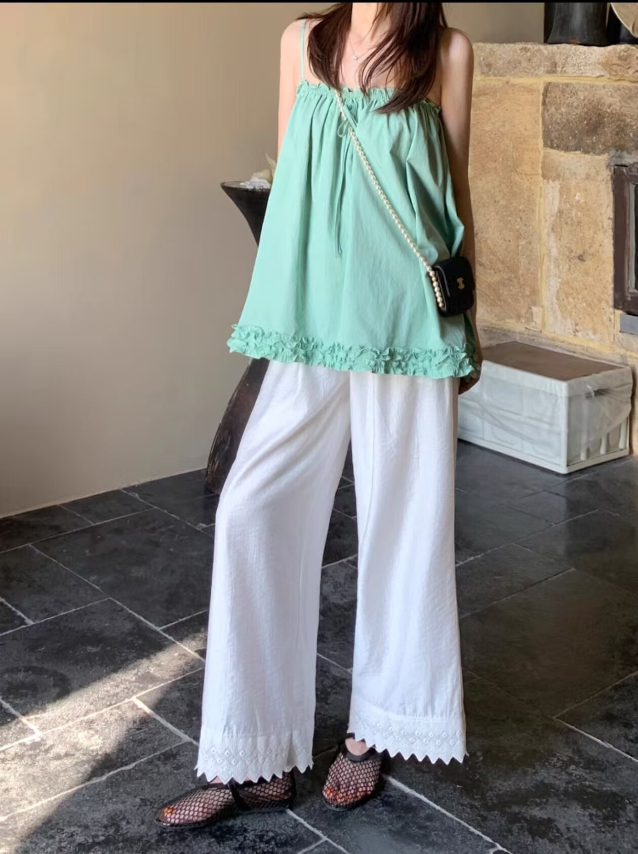 棉麻蕾丝花边阔腿裤女藏青色宽松慵懒风九分休闲直筒垂感显瘦裤子