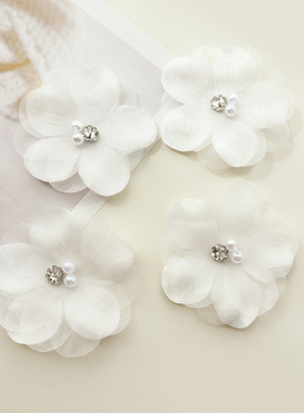 6.5cm 手工钉珠花朵胸针立体白色欧根纱雪纺蕾丝布贴别针衣服装饰