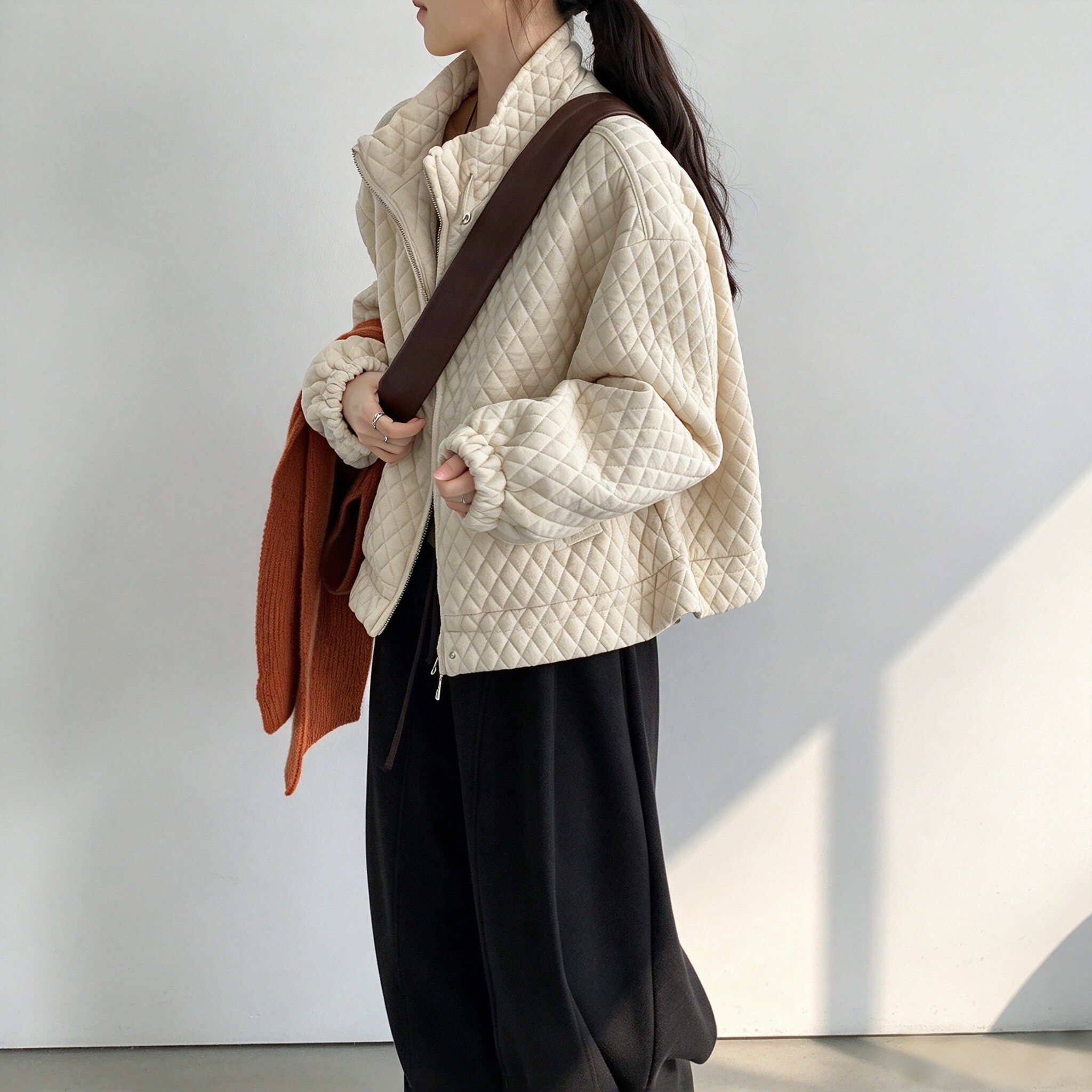 秋冬立领加厚菱格女棉服