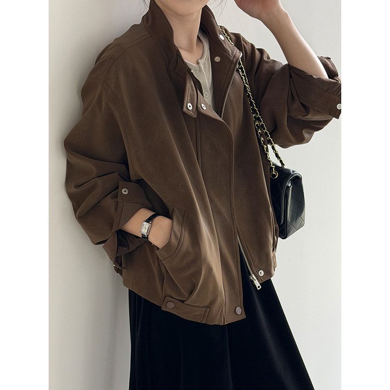 韩系机车复古立领PU皮衣女宽松