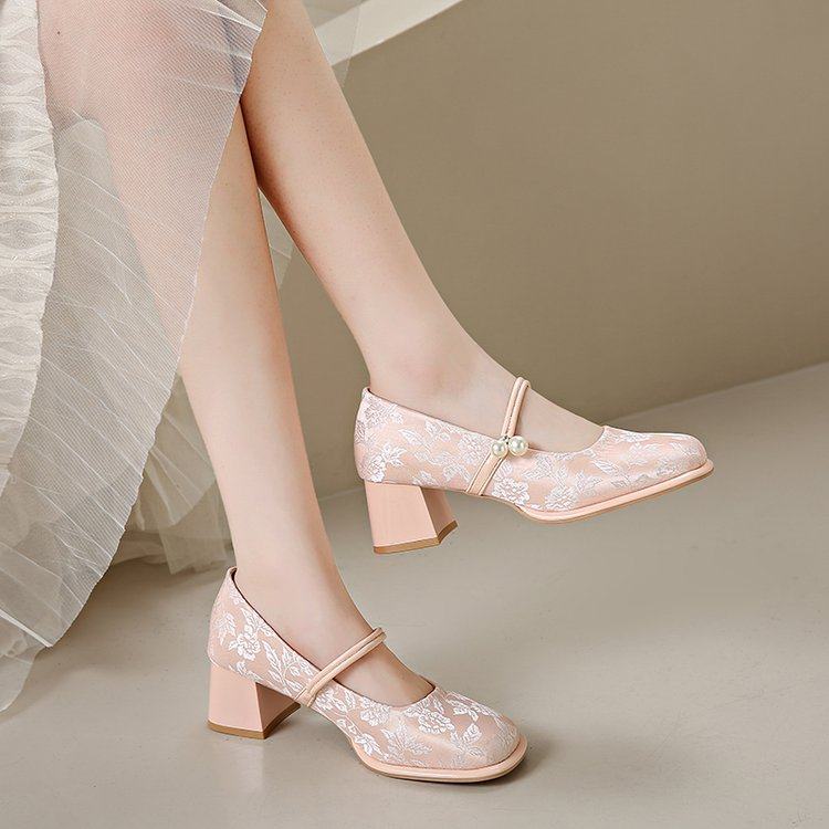 法式晚风粗跟玛丽珍鞋女2025新款中式刺绣配裙子温柔浅口高跟单鞋,女鞋,浅口单鞋,淘宝优惠券,粉丝福利购,淘宝优惠卷