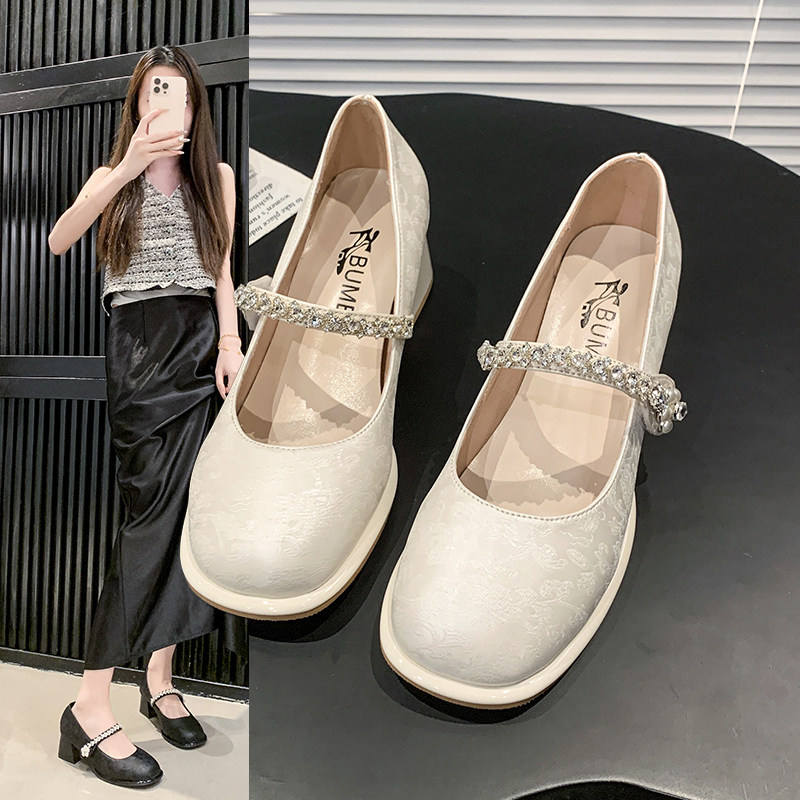 仙女风2025新款法式高跟圆头6cm水钻魔术贴粗跟玛丽珍单鞋女通勤,女鞋,玛丽珍鞋,淘宝优惠券,粉丝福利购,淘宝优惠卷