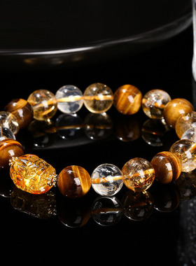 5A天然黄虎眼石黄水晶蜜蜡貔貅手链三石聚财貔貅纳福招财转运手串