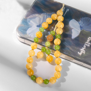 天然米黄玉绿玉髓手机链 新中式蜜蜡色手机防丢手串 平安吉祥挂饰