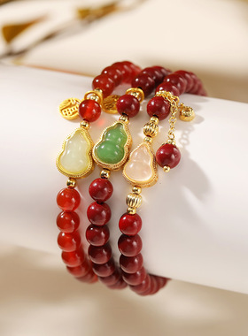 天然朱砂手串女本命年平安葫芦手链福禄生财双寓意复古风手串礼物