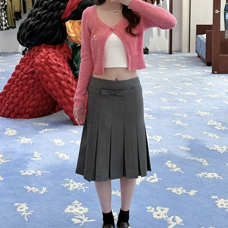 蝴蝶结腰饰百褶半裙中裙25秋冬