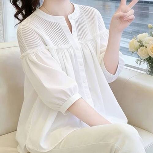 2026夏季新款温柔甜美衬衫女中袖时尚褶皱宽松遮肉显瘦上衣百搭