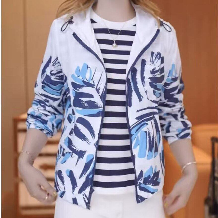 连帽时尚高级薄款印花外套女士2026夏季新款休闲拉链宽松防晒上衣