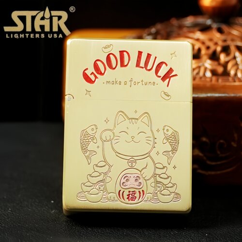 STAR恒星ST9黄铜填漆精雕招财猫煤油打火机黄铜煤油机送礼送朋友
