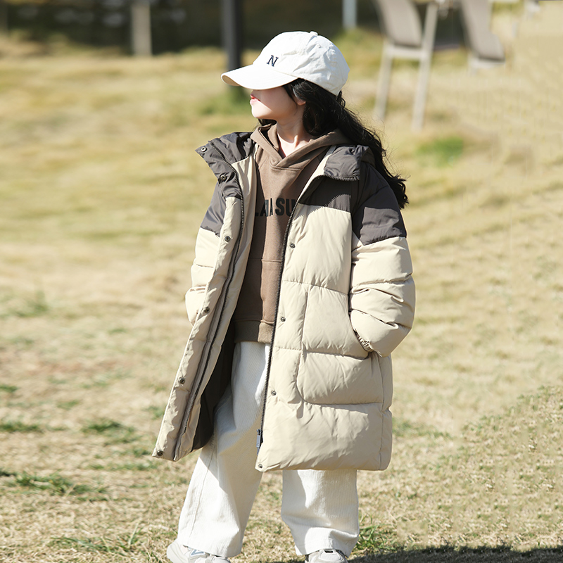 康衣儿女童羽绒服中长款2024冬季新款拼色儿童羽绒服宝宝90绒童装